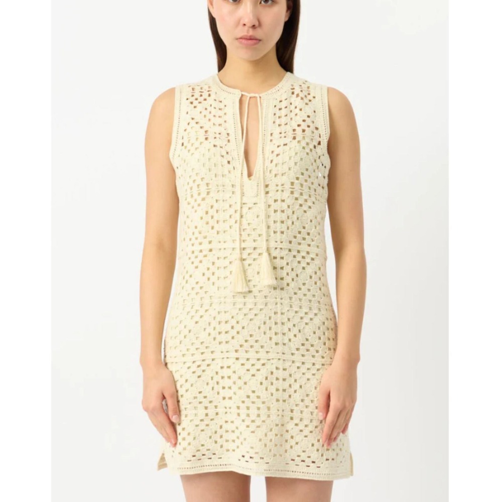 FRAME Crochet Tassle Popover Dress Womens Medium Cream Sleeveless Mini Boho